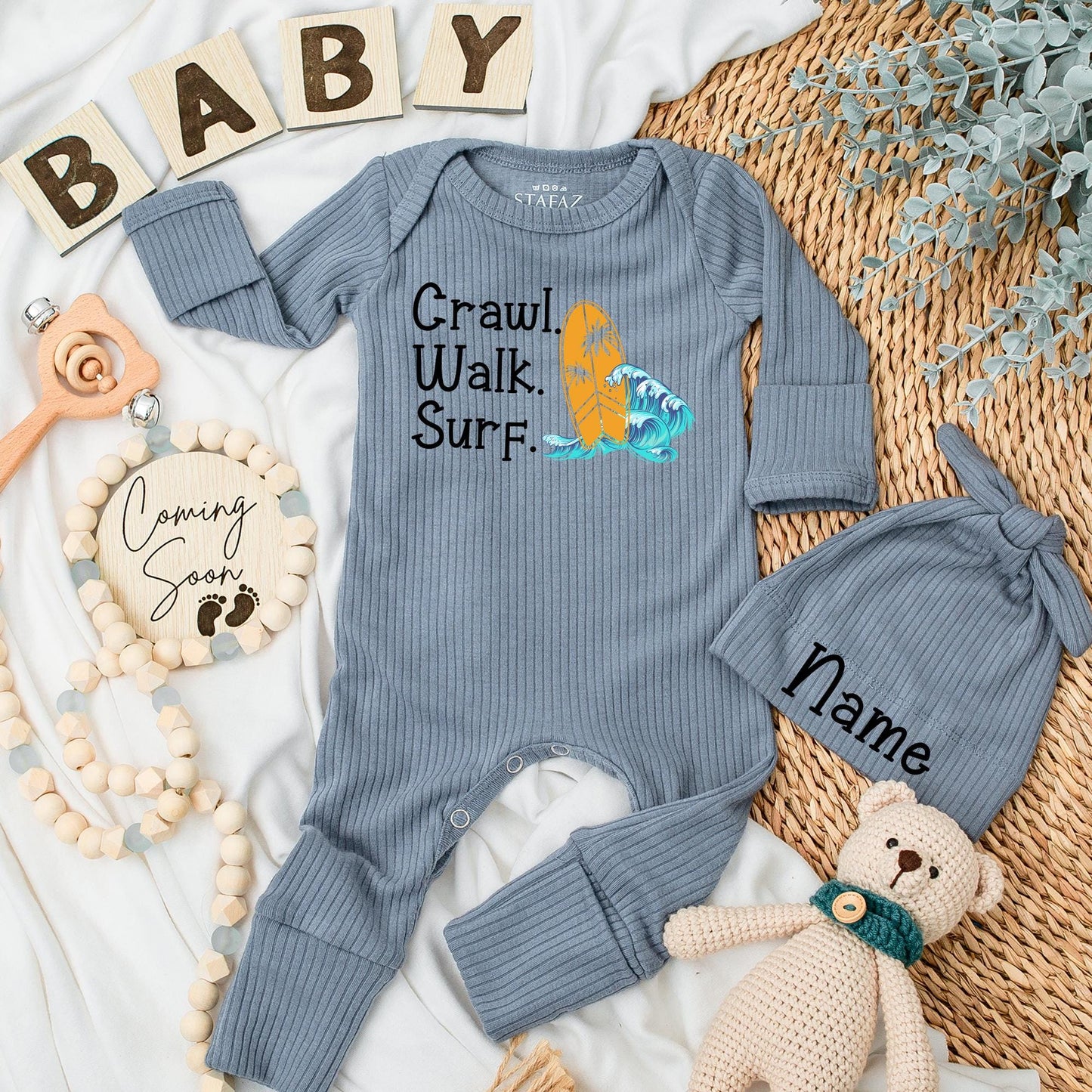 Surf Baby Bodysuit & Hat Set: Crawl Walk Surf Summer Fun! Adorable Surfing Newborn Outfit, Perfect Baby Shower Gift, New Baby Coming Home Clothes (138 chars)
