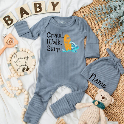 Surf Baby Bodysuit & Hat Set: Crawl Walk Surf Summer Fun! Adorable Surfing Newborn Outfit, Perfect Baby Shower Gift, New Baby Coming Home Clothes (138 chars)