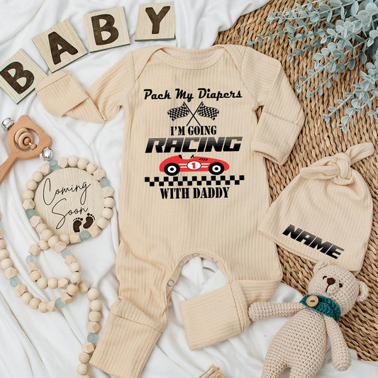 Pack My Diapers I'm Going Racing With Daddy Baby Bodysuit Newborn Racing Flags Car Outfit First Father's Day Gift