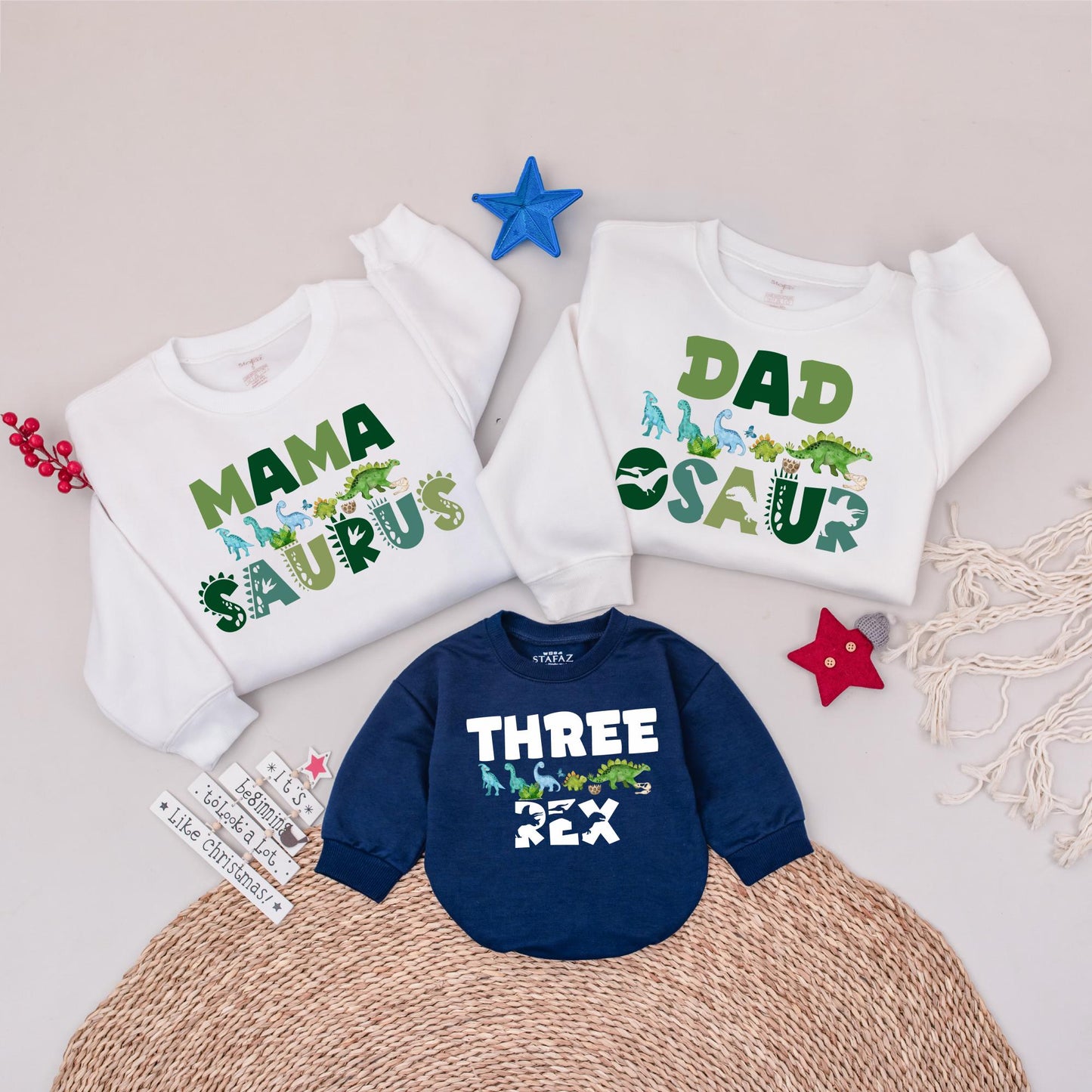 Three Rex Matching Family Birthday Sweatshirt Dinosaur Theme 3rd Birthday Mama Daddy Saurus Dada Outfit