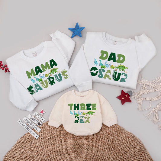 Three Rex Matching Family Birthday Sweatshirt Dinosaur Theme 3rd Birthday Mama Daddy Saurus Dada Outfit