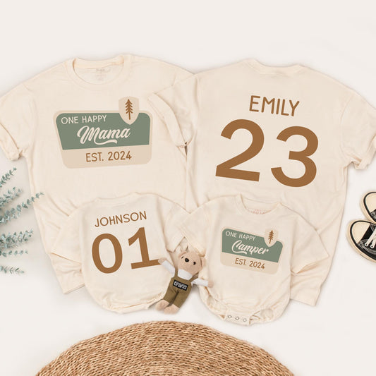 One Happy Camper Family Matching Shirts for First Birthday Adventure Outfit with Pine Tree Graphic Earth Tones Cotton Soft and Comfortable