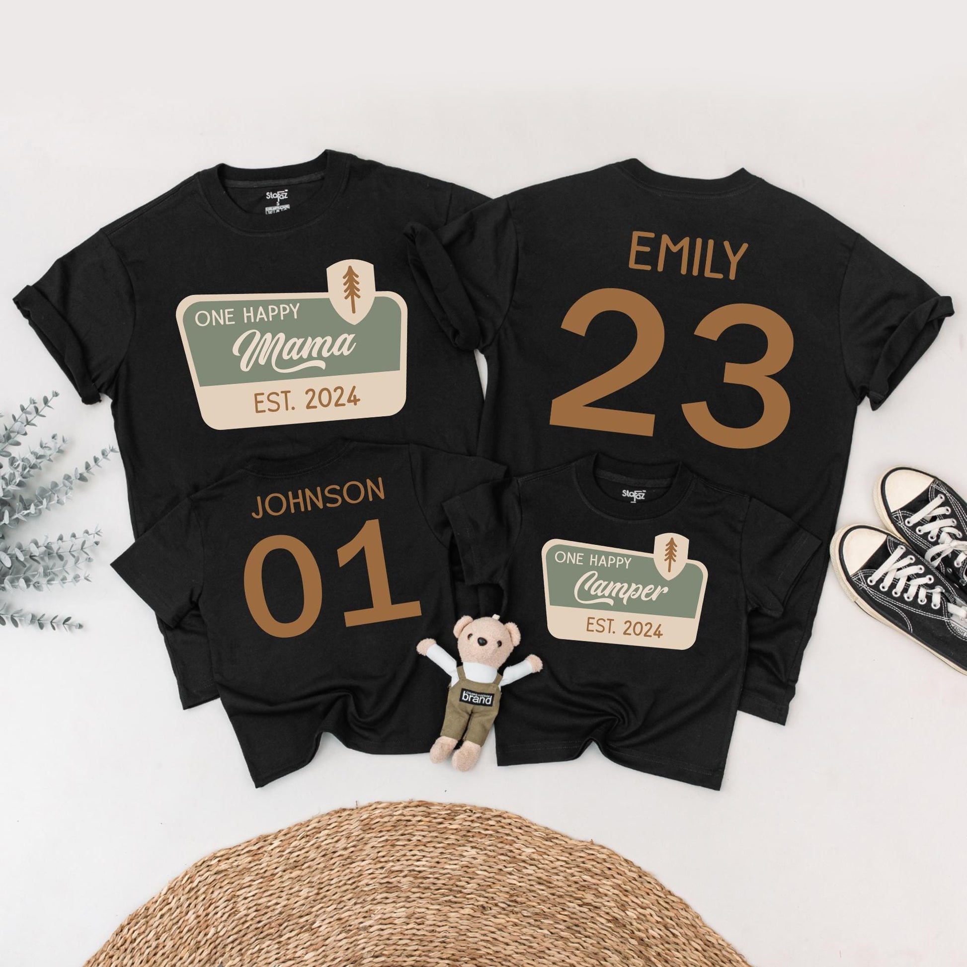 One Happy Camper Family Matching Shirts for First Birthday Adventure Outfit with Pine Tree Graphic Earth Tones Cotton Soft and Comfortable
