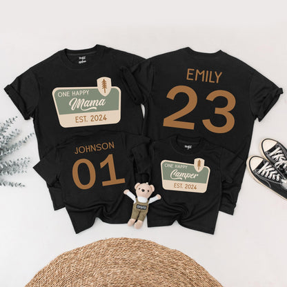 One Happy Camper Family Matching Shirts for First Birthday Adventure Outfit with Pine Tree Graphic Earth Tones Cotton Soft and Comfortable