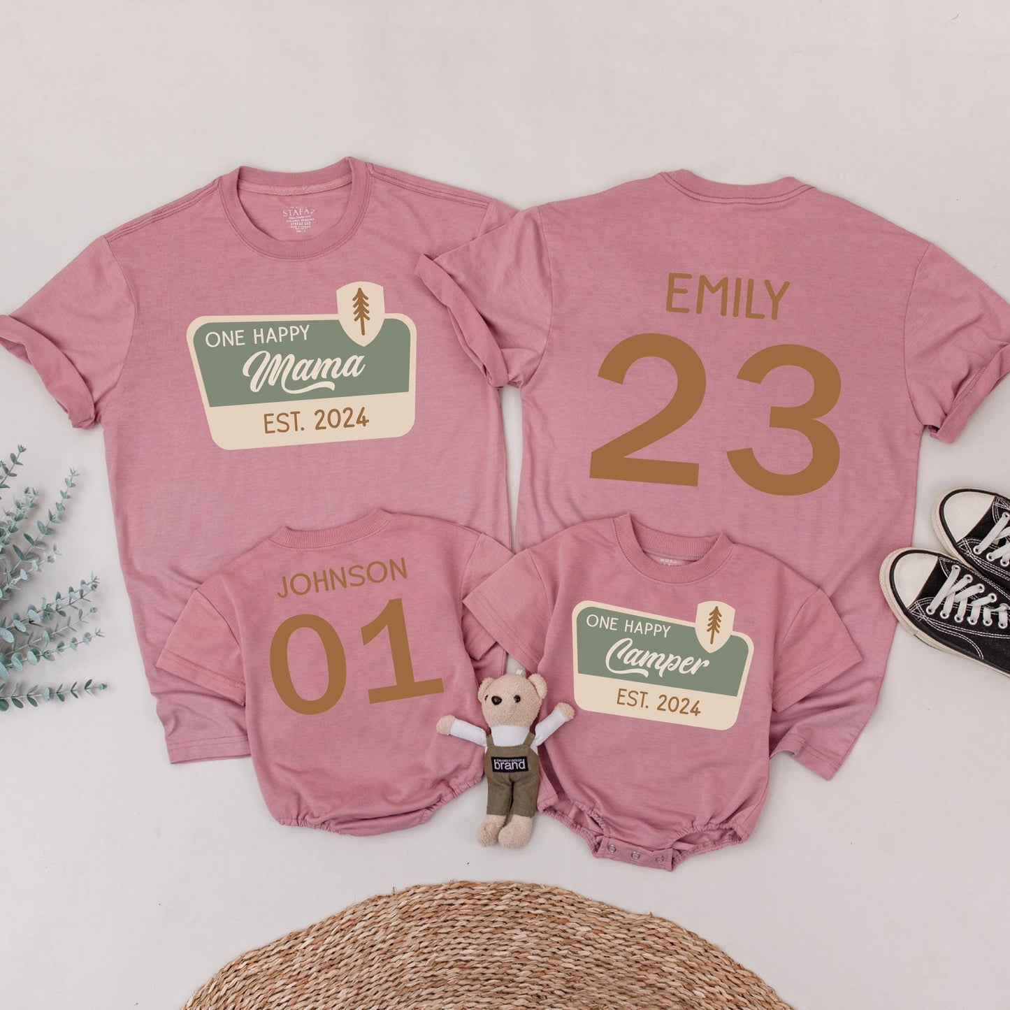 One Happy Camper Family Matching Shirts for First Birthday Adventure Outfit with Pine Tree Graphic Earth Tones Cotton Soft and Comfortable