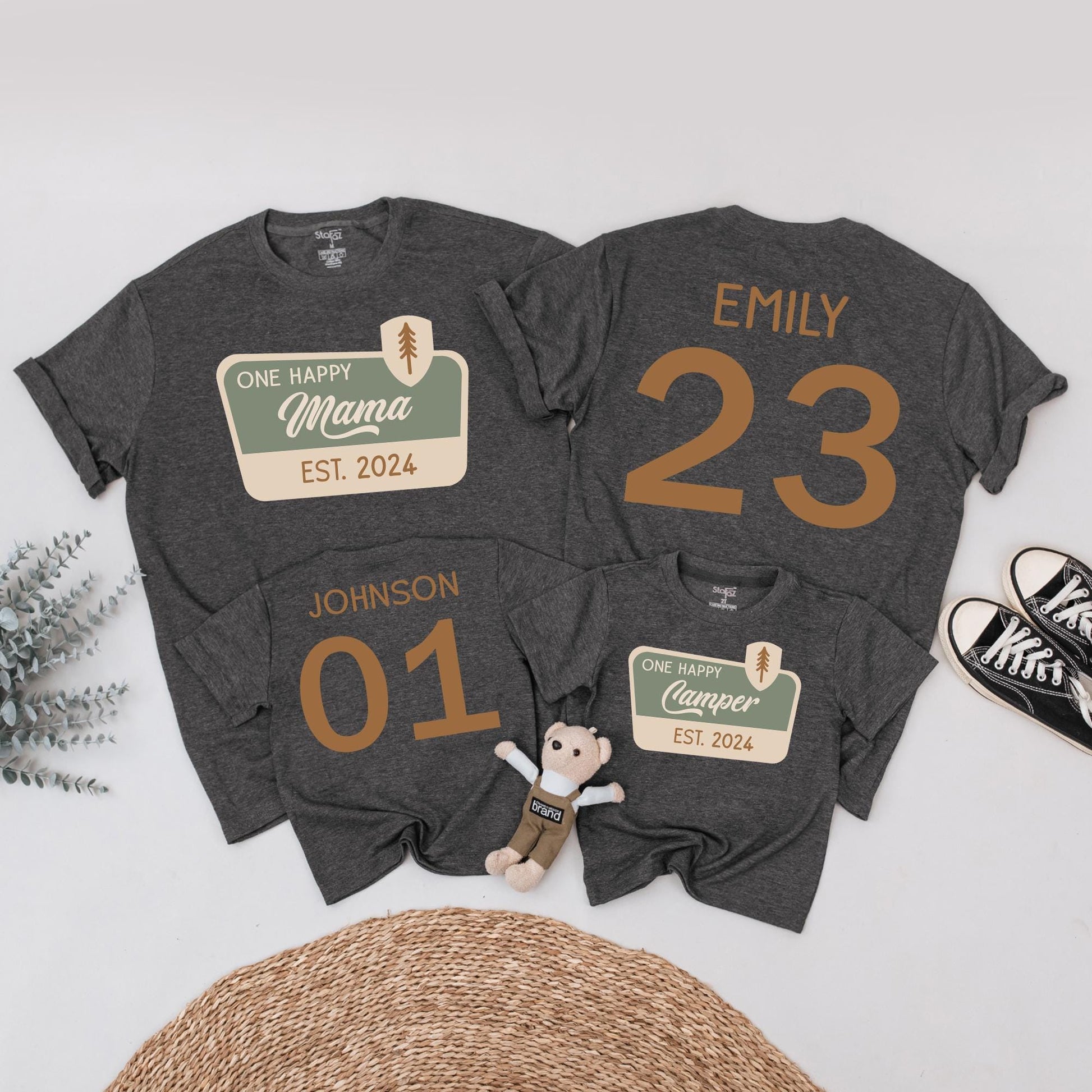 One Happy Camper Family Matching Shirts for First Birthday Adventure Outfit with Pine Tree Graphic Earth Tones Cotton Soft and Comfortable