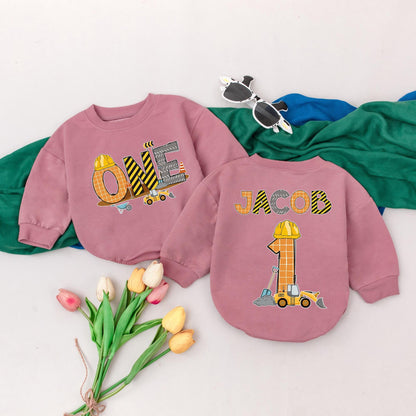 First Birthday Construction Romper for Baby Boy, Custom Name Excavator Truck Design, 1st Birthday Outfit, Personalized Newborn Gift