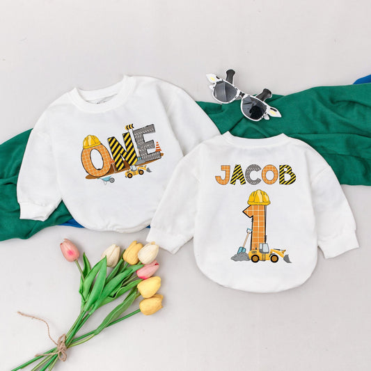 First Birthday Construction Romper for Baby Boy, Custom Name Excavator Truck Design, 1st Birthday Outfit, Personalized Newborn Gift