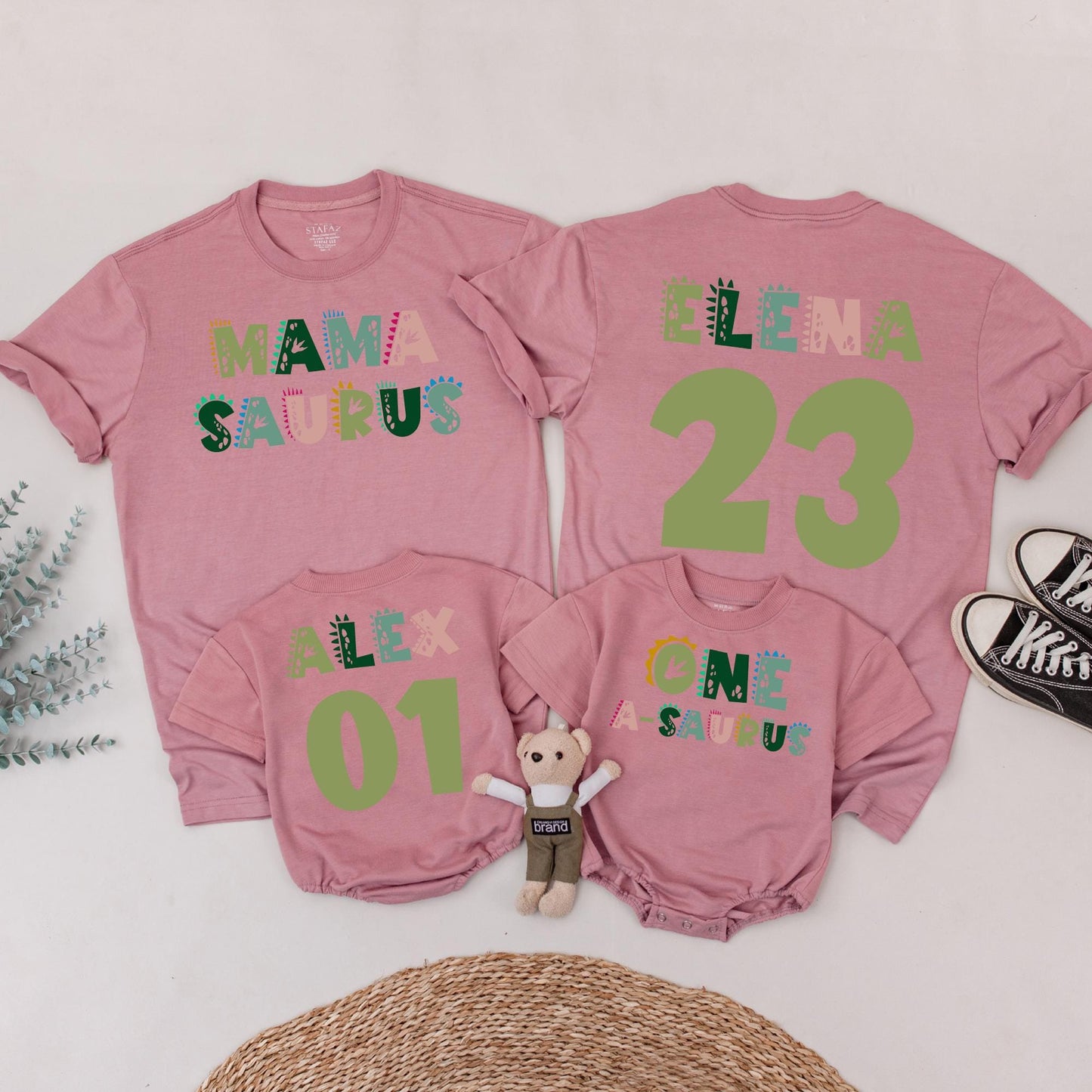Personalized Mama Saurus Dada Saurus Matching Family Dinosaur Birthday Shirts Kids 1st Dino Tee Custom Whimsical Green Pink Design