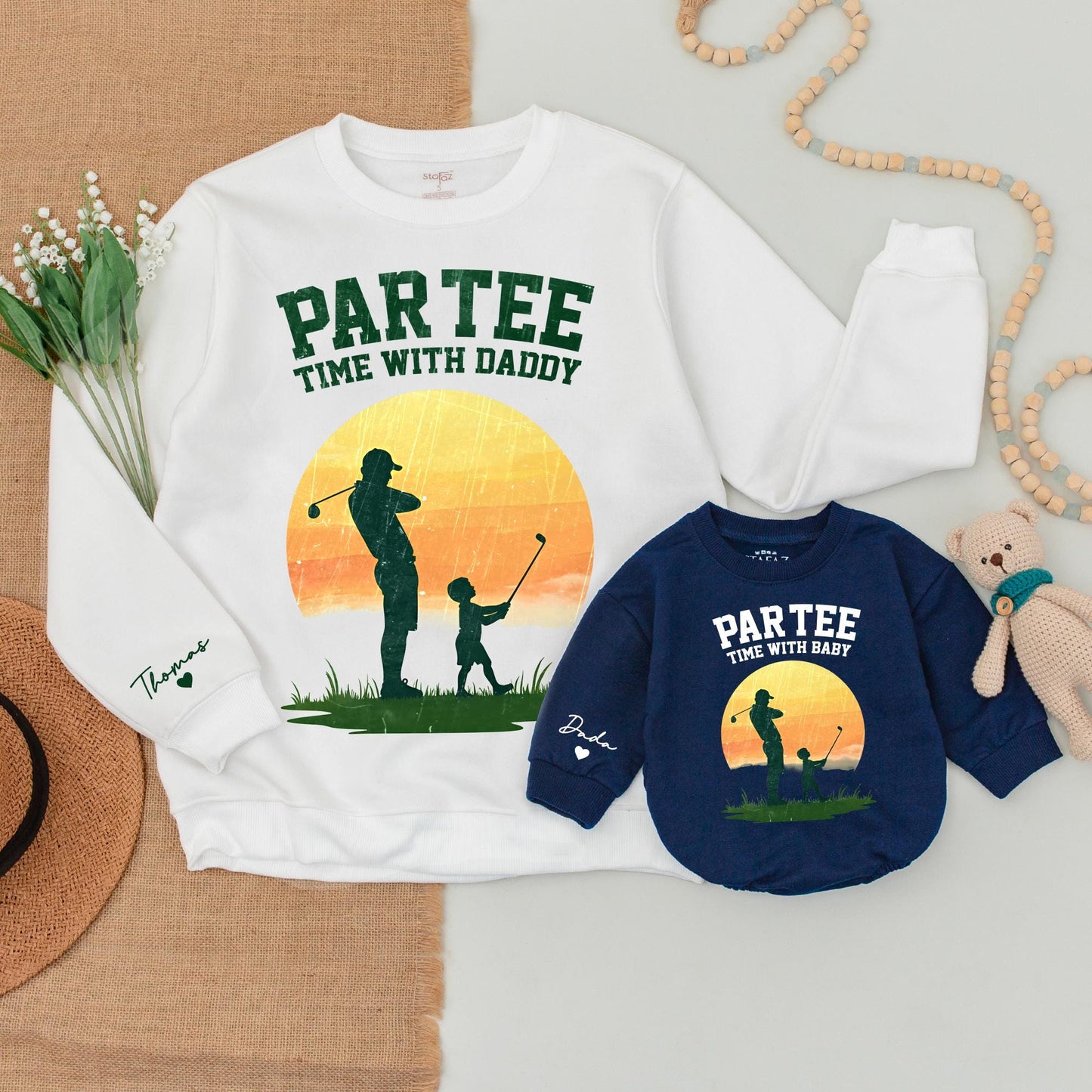 Custom "Par-Tee Time with Daddy" Golf Matching Shirt Personalized with Names Dada Thomas Green Sunset Orange