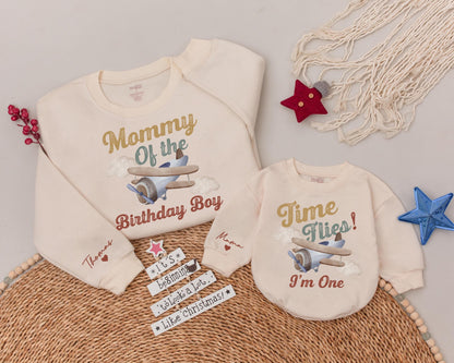 Time Flies Birthday Sweatshirt Flying Into One Vintage Airplane Birthday Party Flight Crew Family Shirt