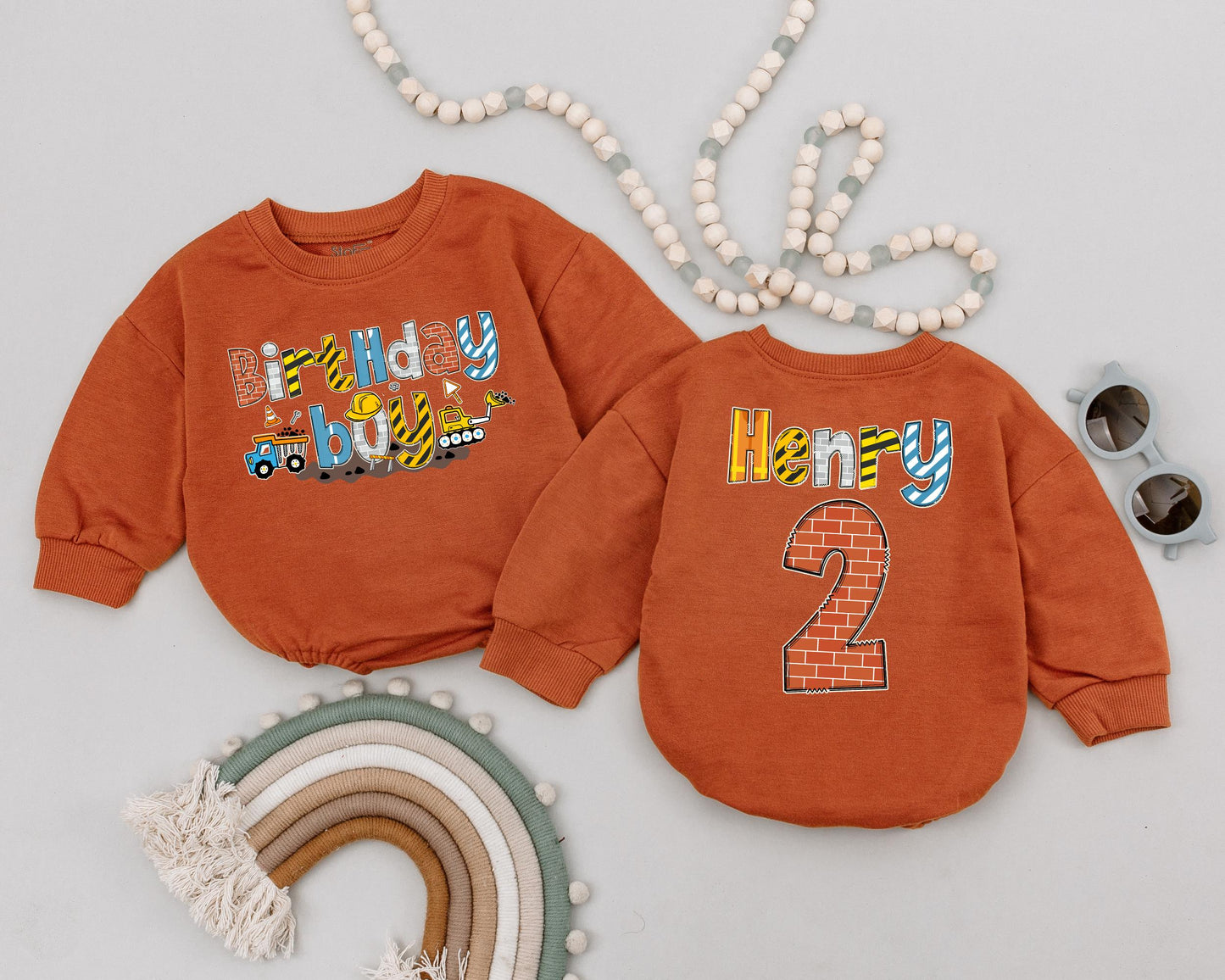 Construction Birthday Boy Outfit Personalized Name Romper First Birthday Yellow Truck Bodysuit Toddler Sweatshirt Family Party Celebration (139 chars)