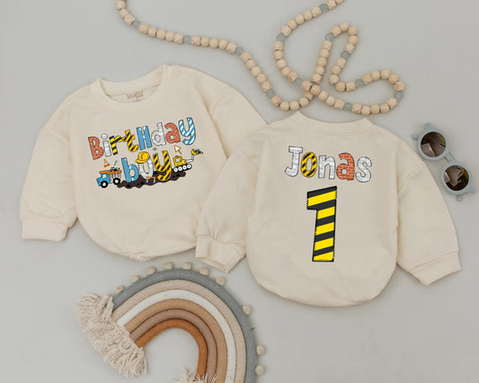Construction Birthday Boy Outfit Personalized Name Romper First Birthday Yellow Truck Bodysuit Toddler Sweatshirt Family Party Celebration (139 chars)