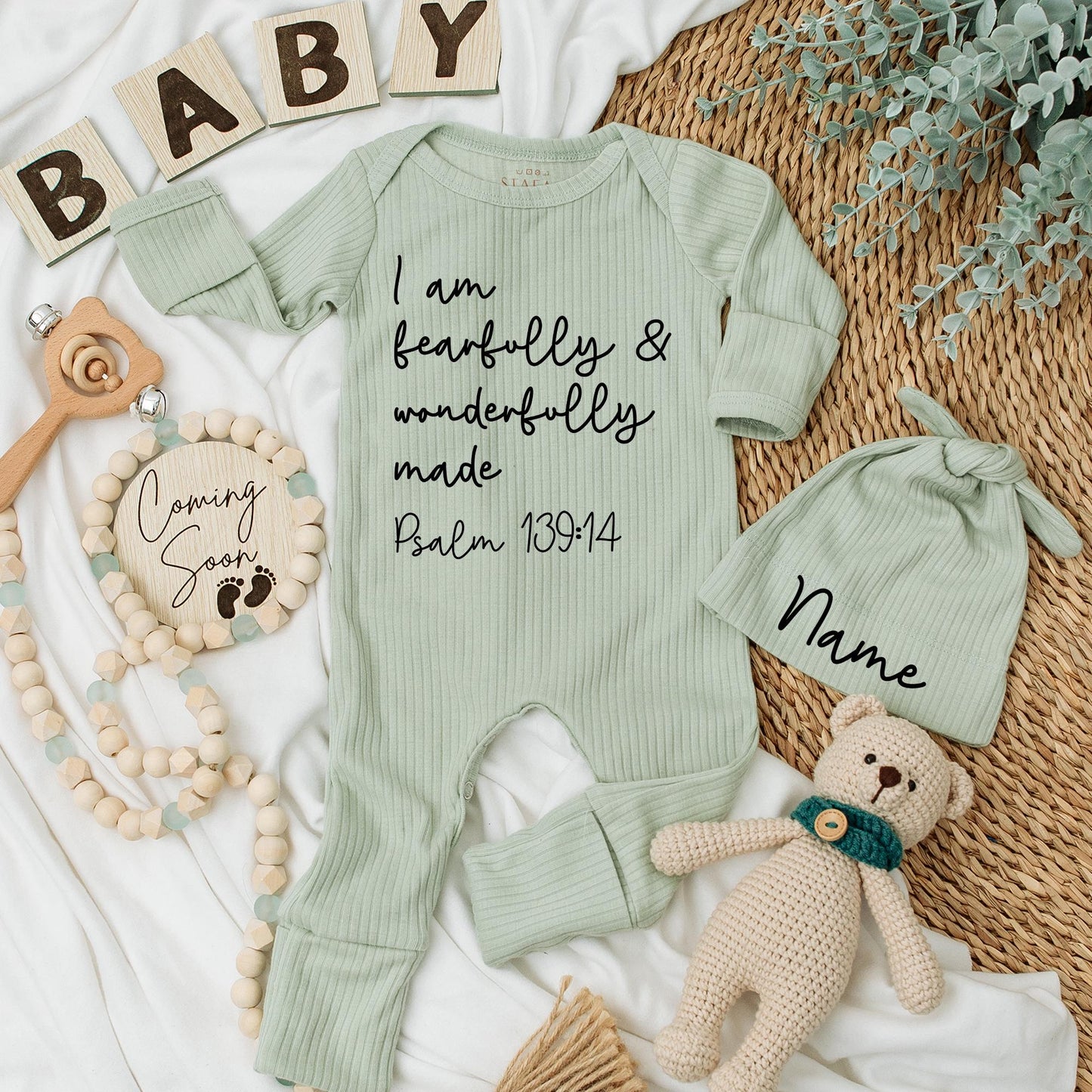 Fearfully Made Baby Bodysuit Psalm 139:14 Christian Newborn Romper Set Simple Modern Black Text Unisex Gift Coming Home Outfit Shower Present 138chars
