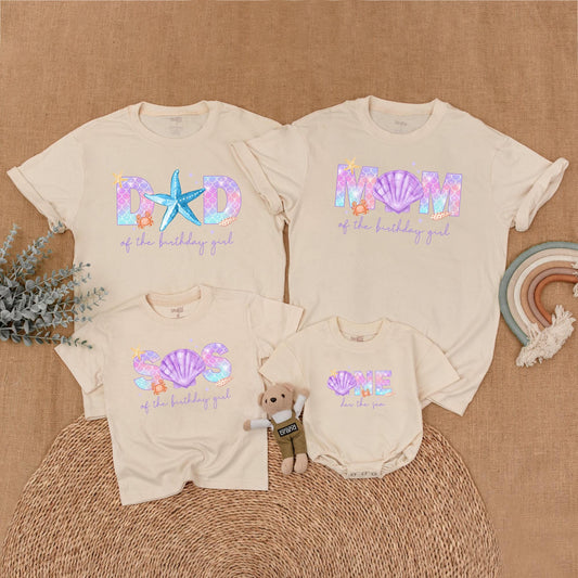 Whimsical Mermaid Birthday Family Shirts Pastel Purple Pink Blue Scale Crab Starfish Shells Mom Dad Birthday Girl Outfit Matching