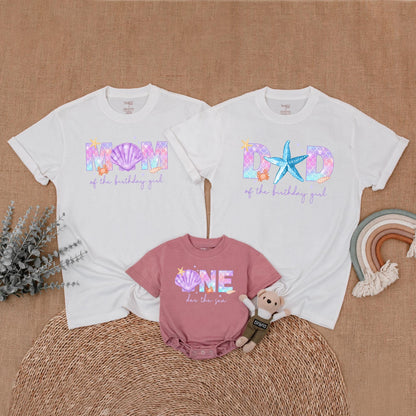 Whimsical Mermaid Birthday Family Shirts Pastel Purple Pink Blue Scale Crab Starfish Shells Mom Dad Birthday Girl Outfit Matching