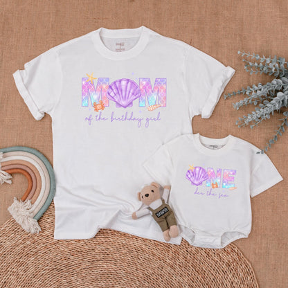 Whimsical Mermaid Birthday Family Shirts Pastel Purple Pink Blue Scale Crab Starfish Shells Mom Dad Birthday Girl Outfit Matching