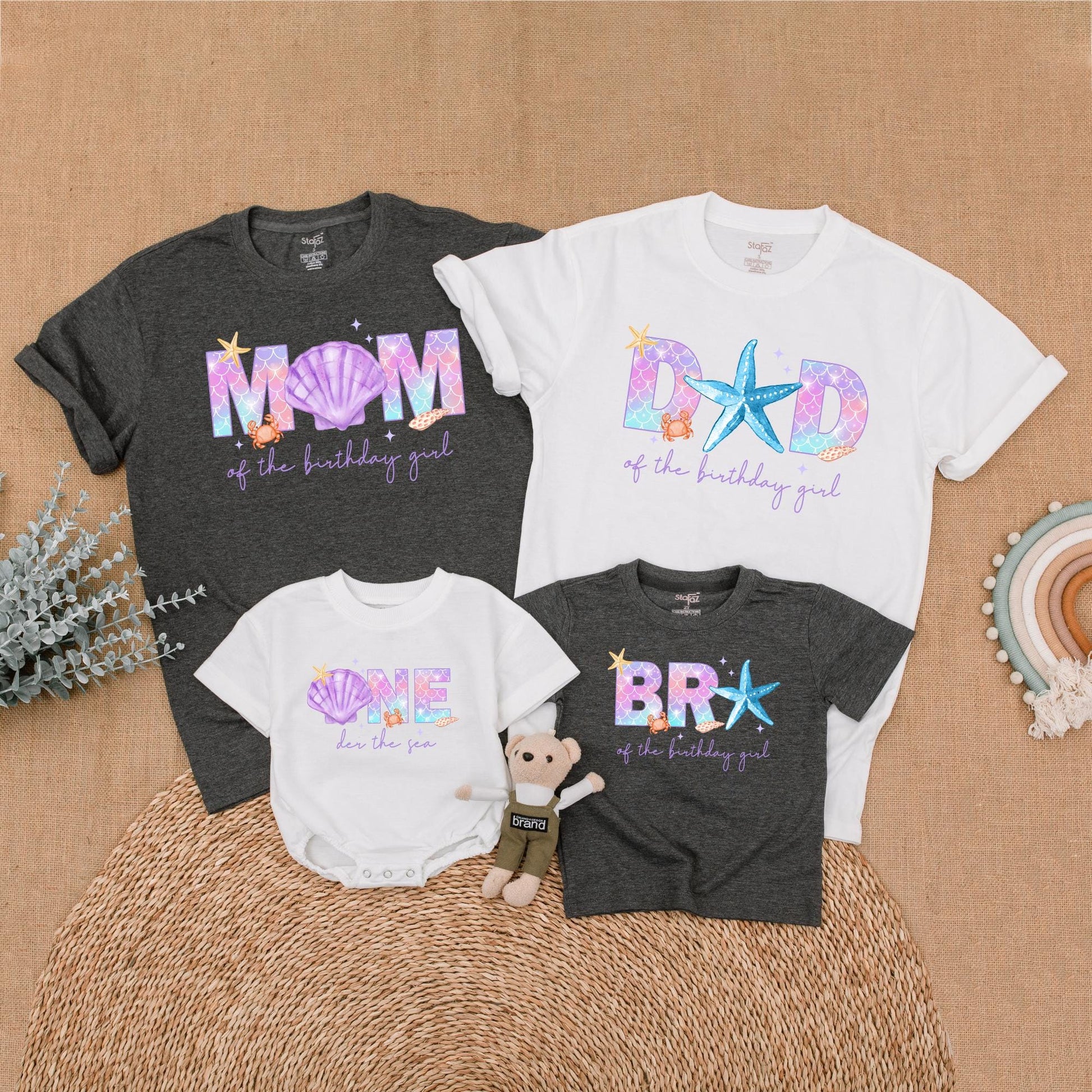 Whimsical Mermaid Birthday Family Shirts Pastel Purple Pink Blue Scale Crab Starfish Shells Mom Dad Birthday Girl Outfit Matching
