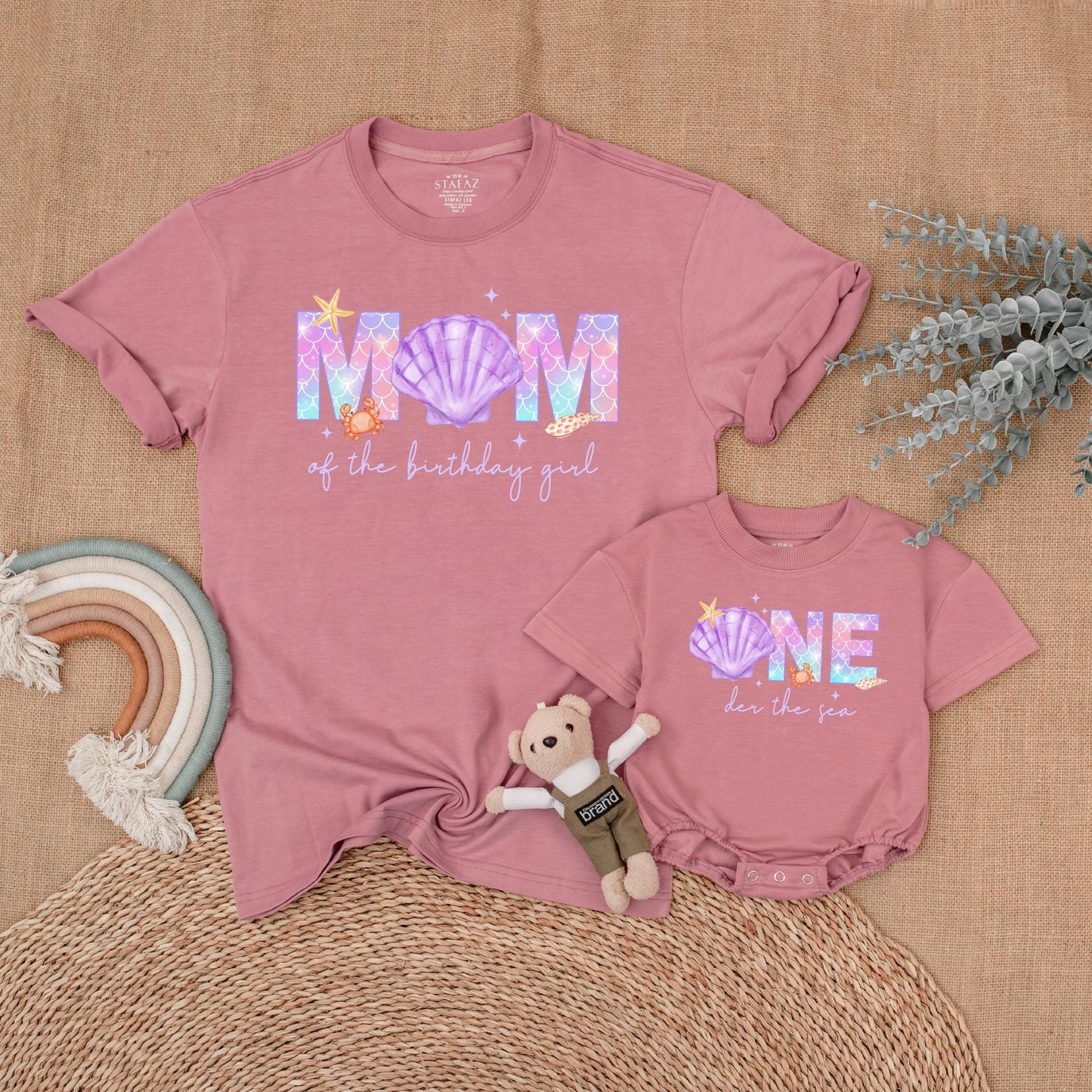 Whimsical Mermaid Birthday Family Shirts Pastel Purple Pink Blue Scale Crab Starfish Shells Mom Dad Birthday Girl Outfit Matching