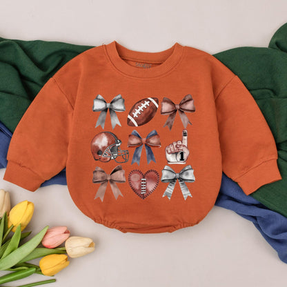 Personalized Football Bow Baby Romper Retro Game Day Outfit Custom Name Bubble Romper Fall Season Sporty Clothes Newborn Toddler Gift