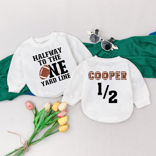 Personalized Halfway To The One Yard Line 6 Month Baby Romper Half Birthday Outfit Football Season Bodysuit Comfortable Infant Celebration Gift Idea
