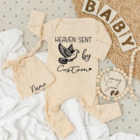 Heaven Sent Custom Baby Bodysuit and Hat Set with Name Dove Design Black Ink Handpicked by Grandpa Grandma Baby Shower Gift Newborn Apparel