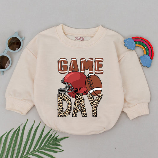 Retro Game Day Romper Personalized Football Baby Outfit Natural Bubble Style for Baby Girl Little Kid Football Season Clothes, Custom Gift 139char