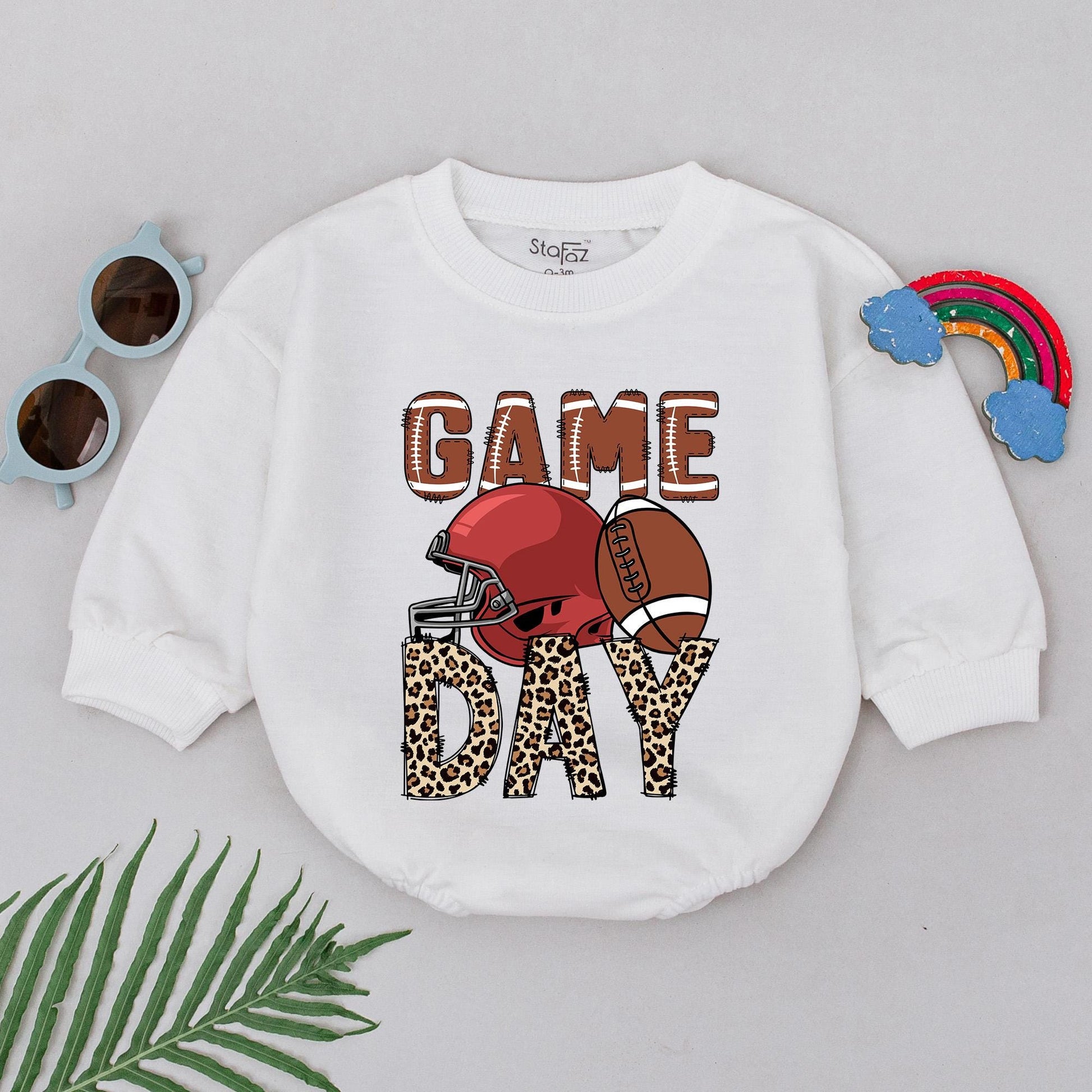 Retro Game Day Romper Personalized Football Baby Outfit Natural Bubble Style for Baby Girl Little Kid Football Season Clothes, Custom Gift 139char