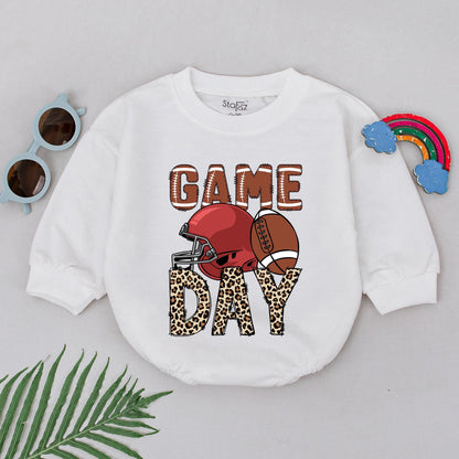 Retro Game Day Romper Personalized Football Baby Outfit Natural Bubble Style for Baby Girl Little Kid Football Season Clothes, Custom Gift 139char