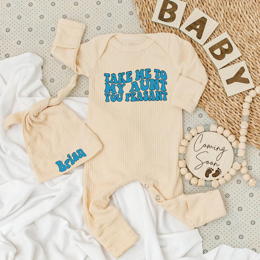 Custom Brian Name Baby Bodysuit and Hat Set with Funny Take Me To My Aunt Peasant Blue 70s Retro Style Outfit Newborn Shower Gift