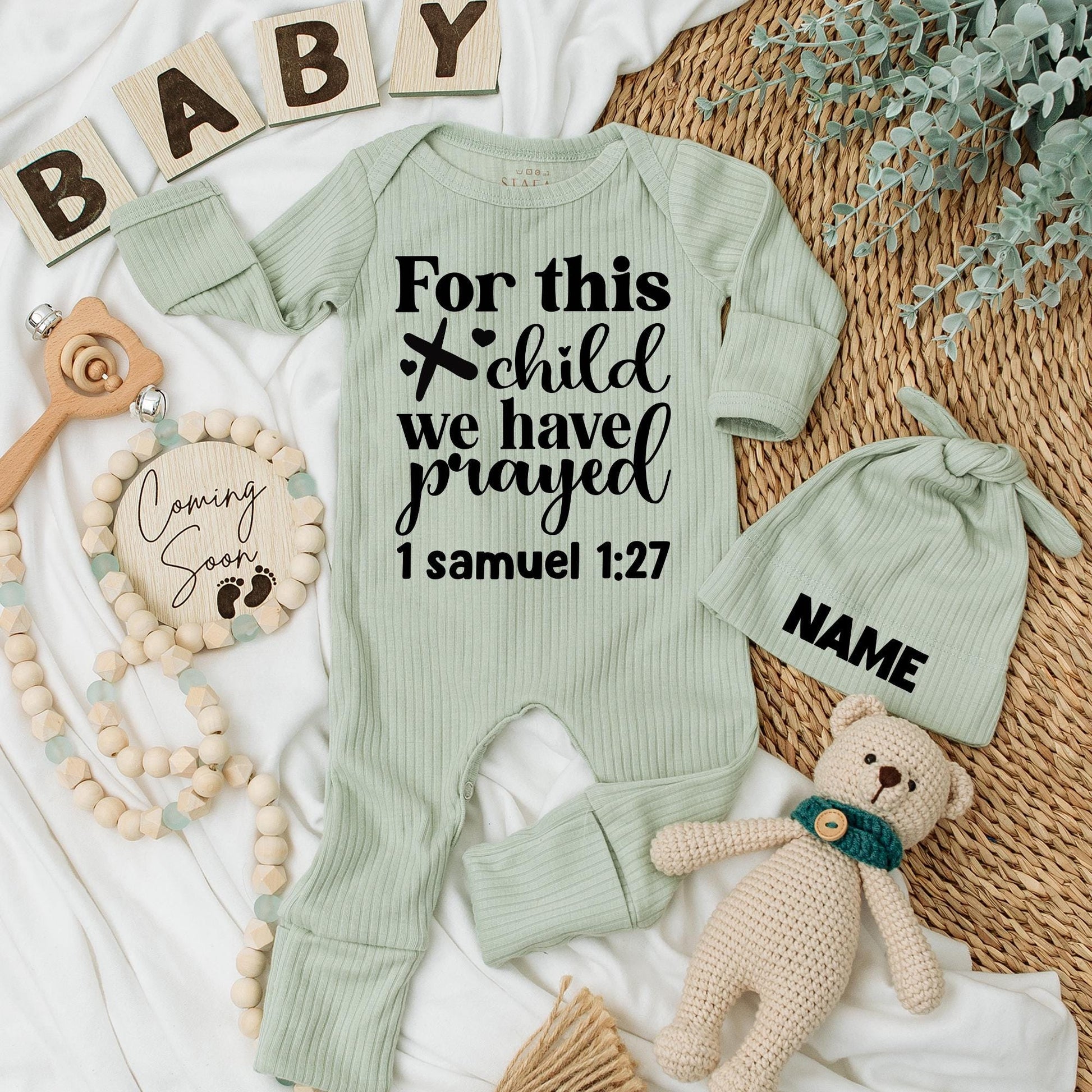 For This Child We Have Prayed Custom Name Baby Bodysuit Hat Newborn Outfit Gift Infant Pregnancy Reveal 1 Samuel 1:27 Black Print Heart Design