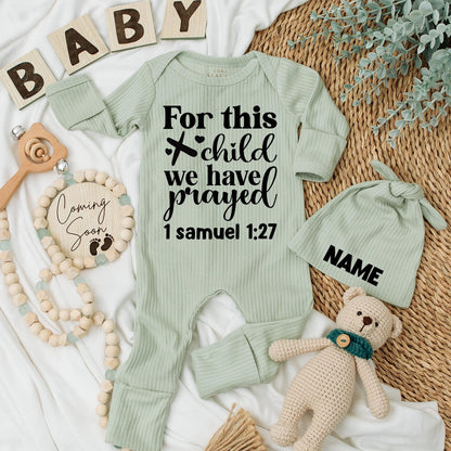 For This Child We Have Prayed Custom Name Baby Bodysuit Hat Newborn Outfit Gift Infant Pregnancy Reveal 1 Samuel 1:27 Black Print Heart Design