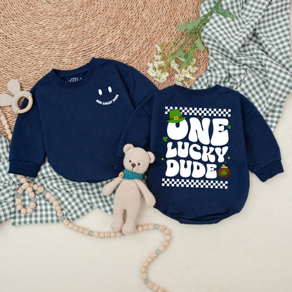 One Lucky Dude Baby Romper Retro Green Clover Bodysuit for St. Patrick's Day Outfit First Birthday Baby Shower Gift for Boys