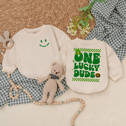 One Lucky Dude Baby Romper Retro Green Clover Bodysuit for St. Patrick's Day Outfit First Birthday Baby Shower Gift for Boys
