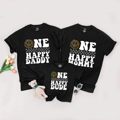One Happy Dude Birthday Shirt, Golden Smiley Face Lightning Bolt Tee, Glitter Checkerboard Outfit, First Birthday Boy Sparkle Top, Matching Family