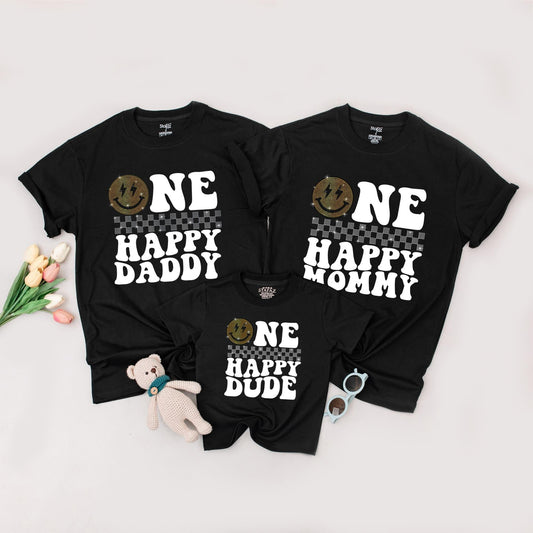 One Happy Dude Birthday Shirt, Golden Smiley Face Lightning Bolt Tee, Glitter Checkerboard Outfit, First Birthday Boy Sparkle Top, Matching Family