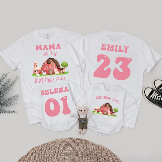 Farm Birthday Girl Family Matching Shirt: Cute Barnyard Animals Tee for Her Party, Pink Text, Personalized Age & Name, Comfortable Cotton Bday T-Shirt 