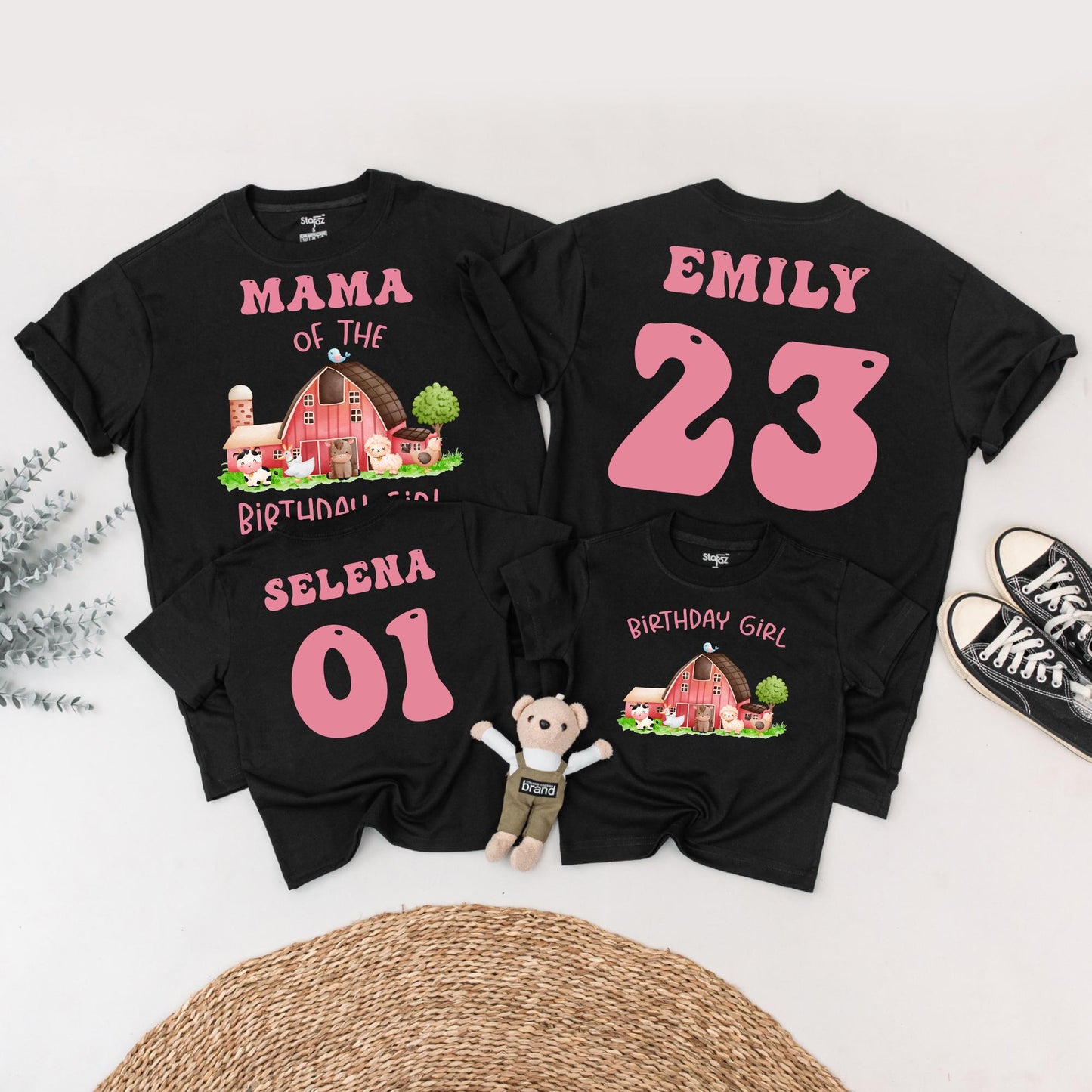 Farm Birthday Girl Family Matching Shirt: Cute Barnyard Animals Tee for Her Party, Pink Text, Personalized Age & Name, Comfortable Cotton Bday T-Shirt 