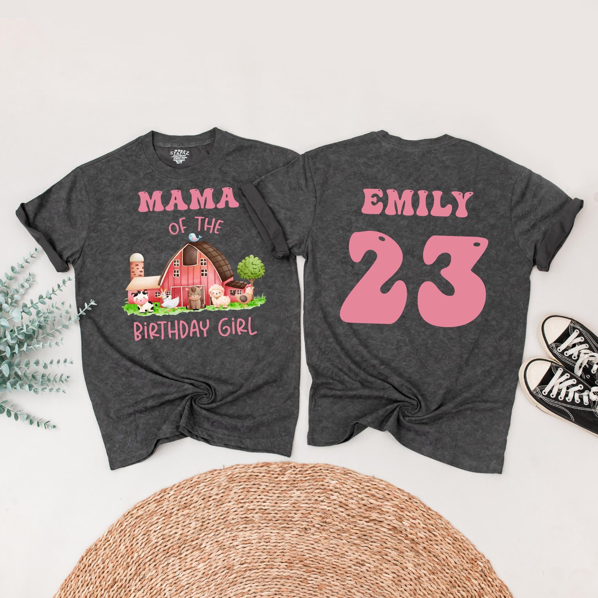 Farm Birthday Girl Family Matching Shirt: Cute Barnyard Animals Tee for Her Party, Pink Text, Personalized Age & Name, Comfortable Cotton Bday T-Shirt 