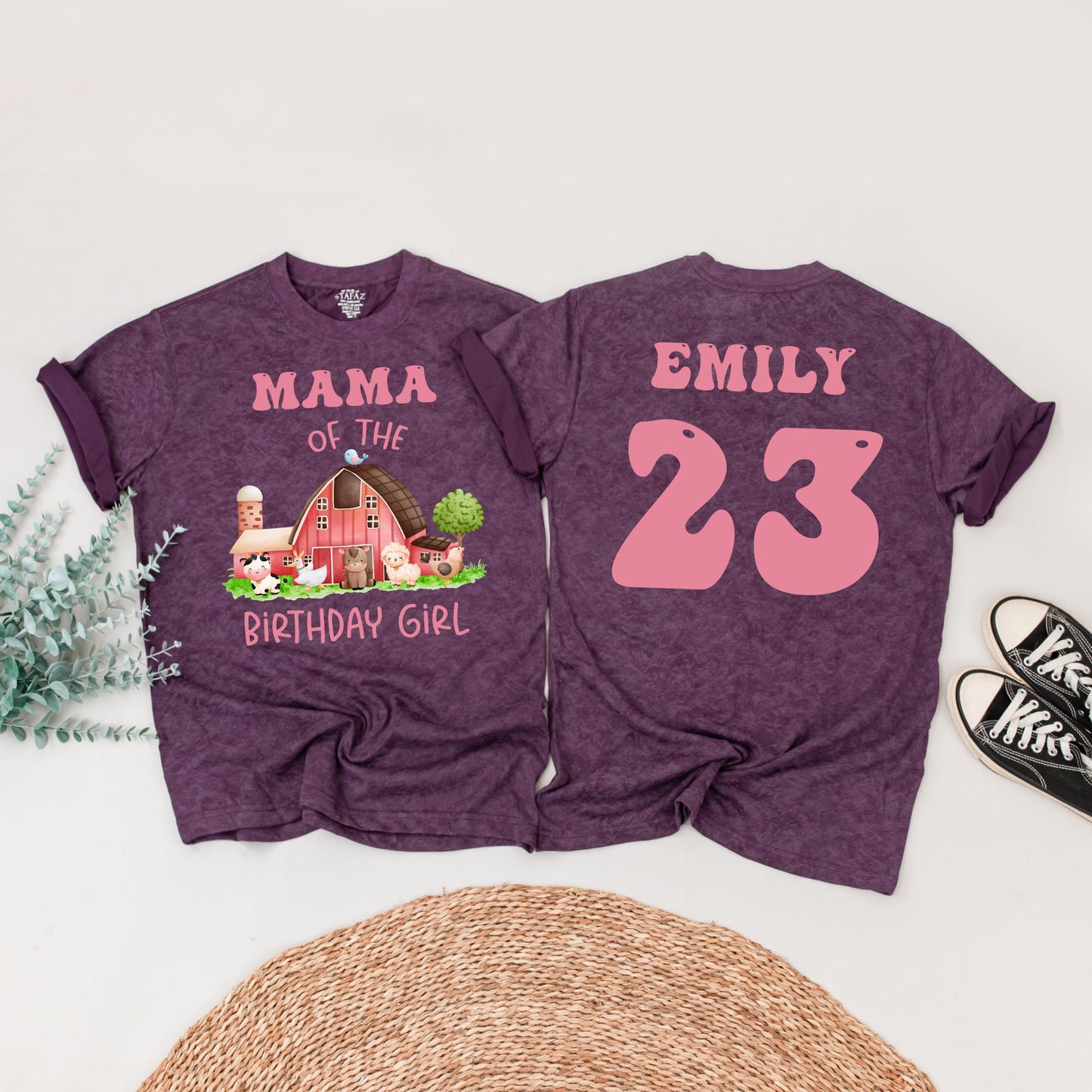 Farm Birthday Girl Family Matching Shirt: Cute Barnyard Animals Tee for Her Party, Pink Text, Personalized Age & Name, Comfortable Cotton Bday T-Shirt 