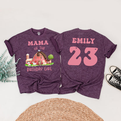 Farm Birthday Girl Family Matching Shirt: Cute Barnyard Animals Tee for Her Party, Pink Text, Personalized Age & Name, Comfortable Cotton Bday T-Shirt 