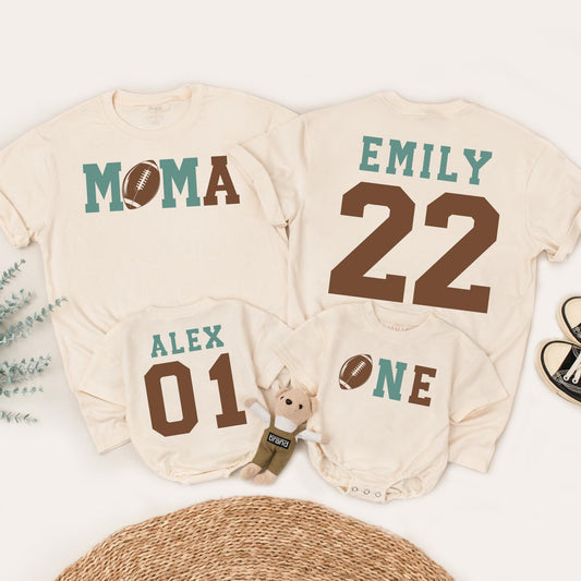Touchdown One Football Birthday Outfit for Baby Boy 1st Birthday Matching Family Tees Teal Brown Retro Athletic