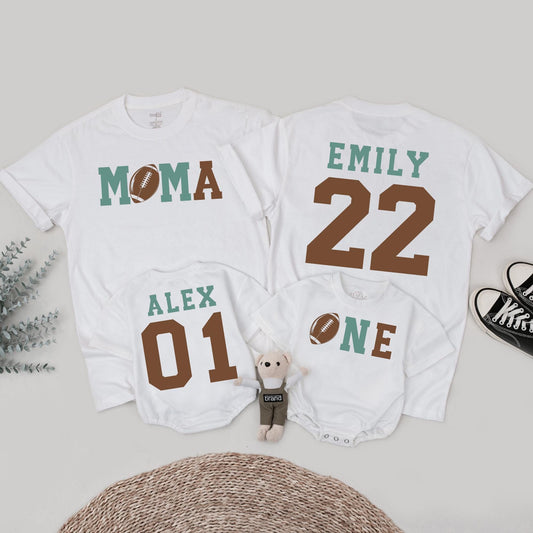 Touchdown One Football Birthday Outfit for Baby Boy 1st Birthday Matching Family Tees Teal Brown Retro Athletic