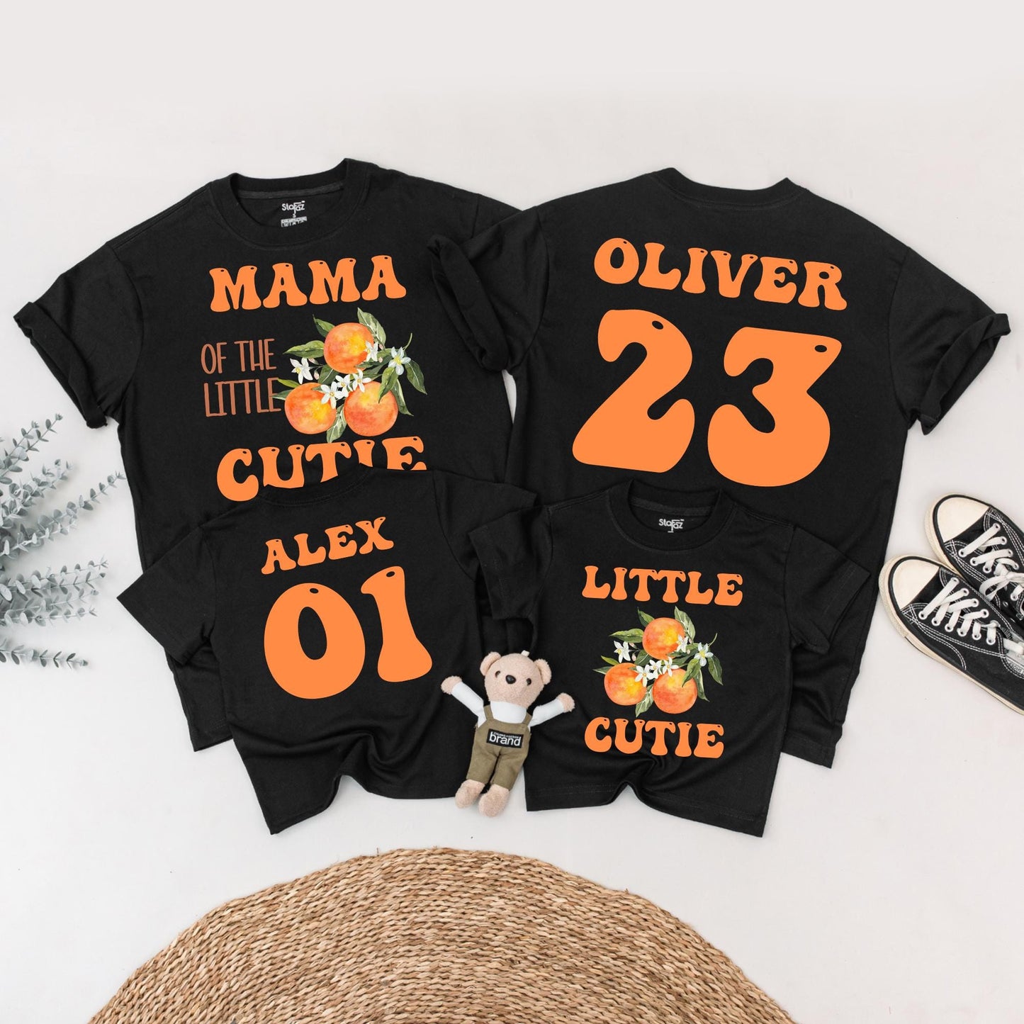 Little Cutie Orange Baby Outfit: Family Matching Shirts & Romper with Retro Floral Designs for Baby Shower & Newborn Gift - Cute & Personalized