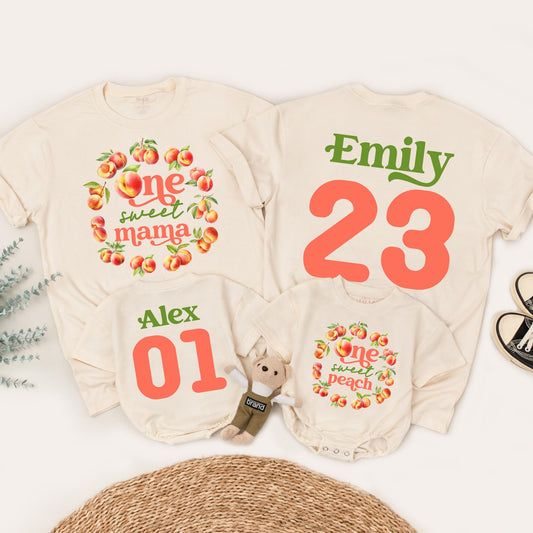 One Sweet Peach Matching Family Birthday Shirts Coordinating Mommy and Me Peach & Green Watercolor Wreath Outfit 1st Birthday