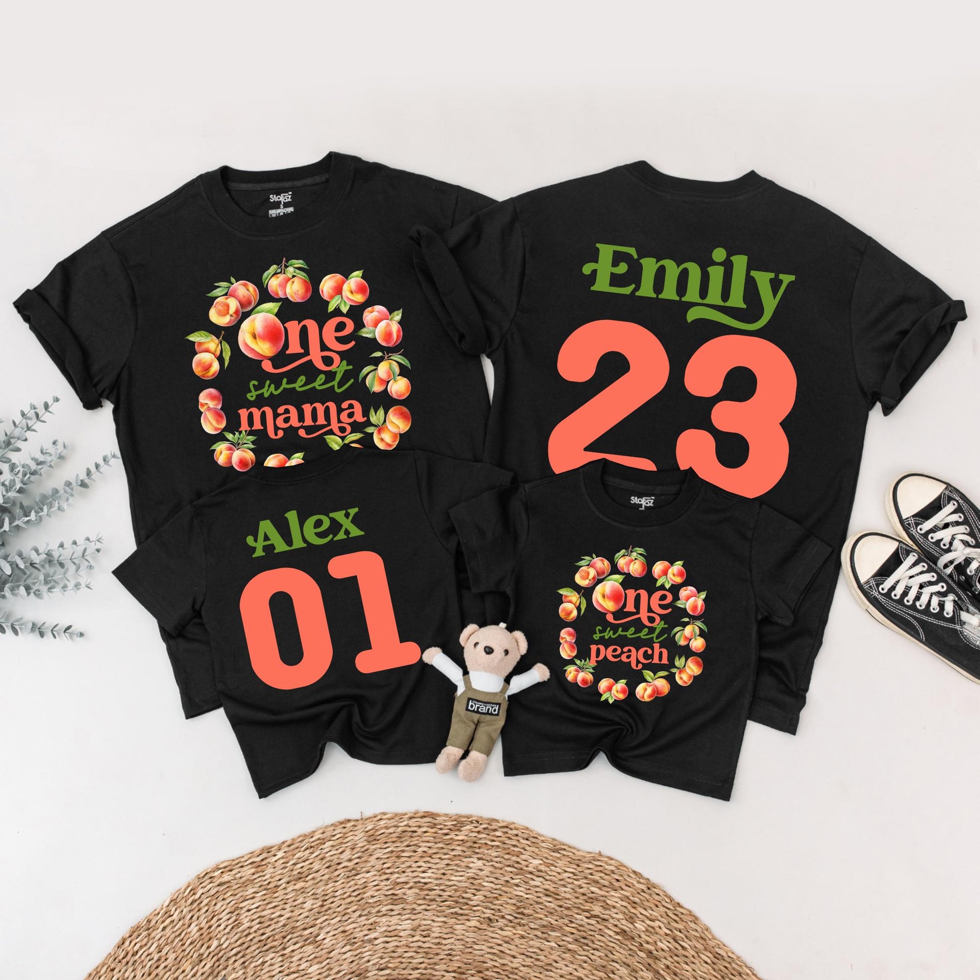 One Sweet Peach Matching Family Birthday Shirts Coordinating Mommy and Me Peach & Green Watercolor Wreath Outfit 1st Birthday
