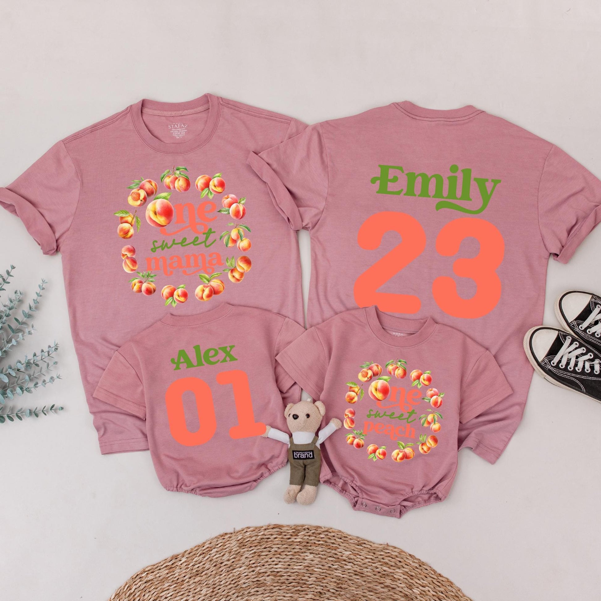 One Sweet Peach Matching Family Birthday Shirts Coordinating Mommy and Me Peach & Green Watercolor Wreath Outfit 1st Birthday