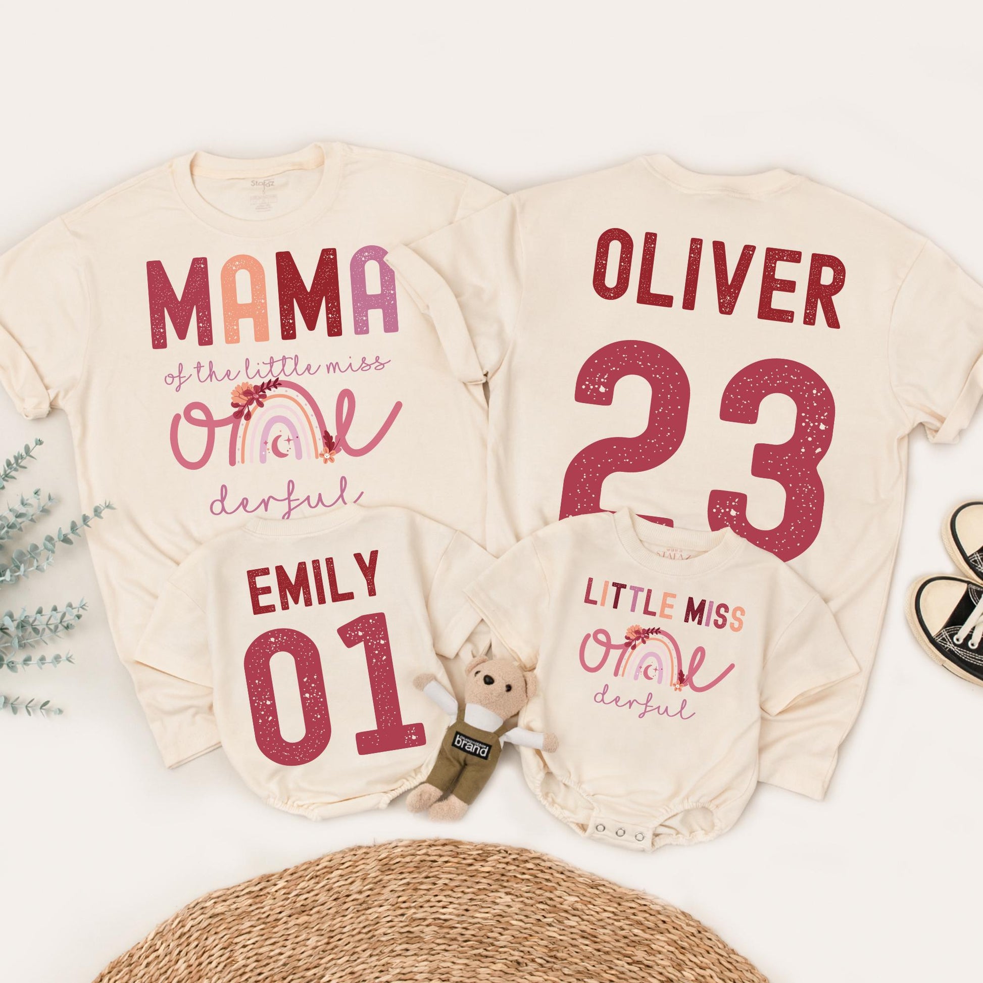 Onederful First Birthday Family Matching Shirts Boho Rainbow Little Miss One Birthday Outfit Mama Mom Daughter Celebration