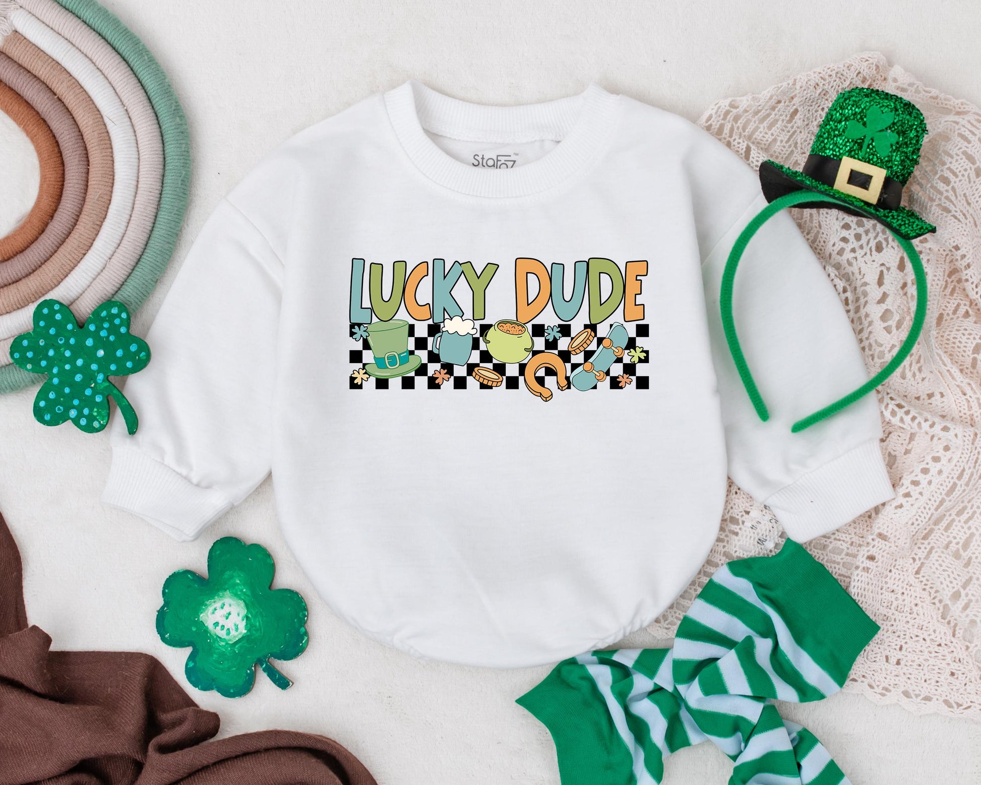 Lucky Dude St Patrick's Day Romper for Infant Baby Boys Girls, My First St Pattys Day Outfit Bodysuit, Irish Baby Gift with Clover Design