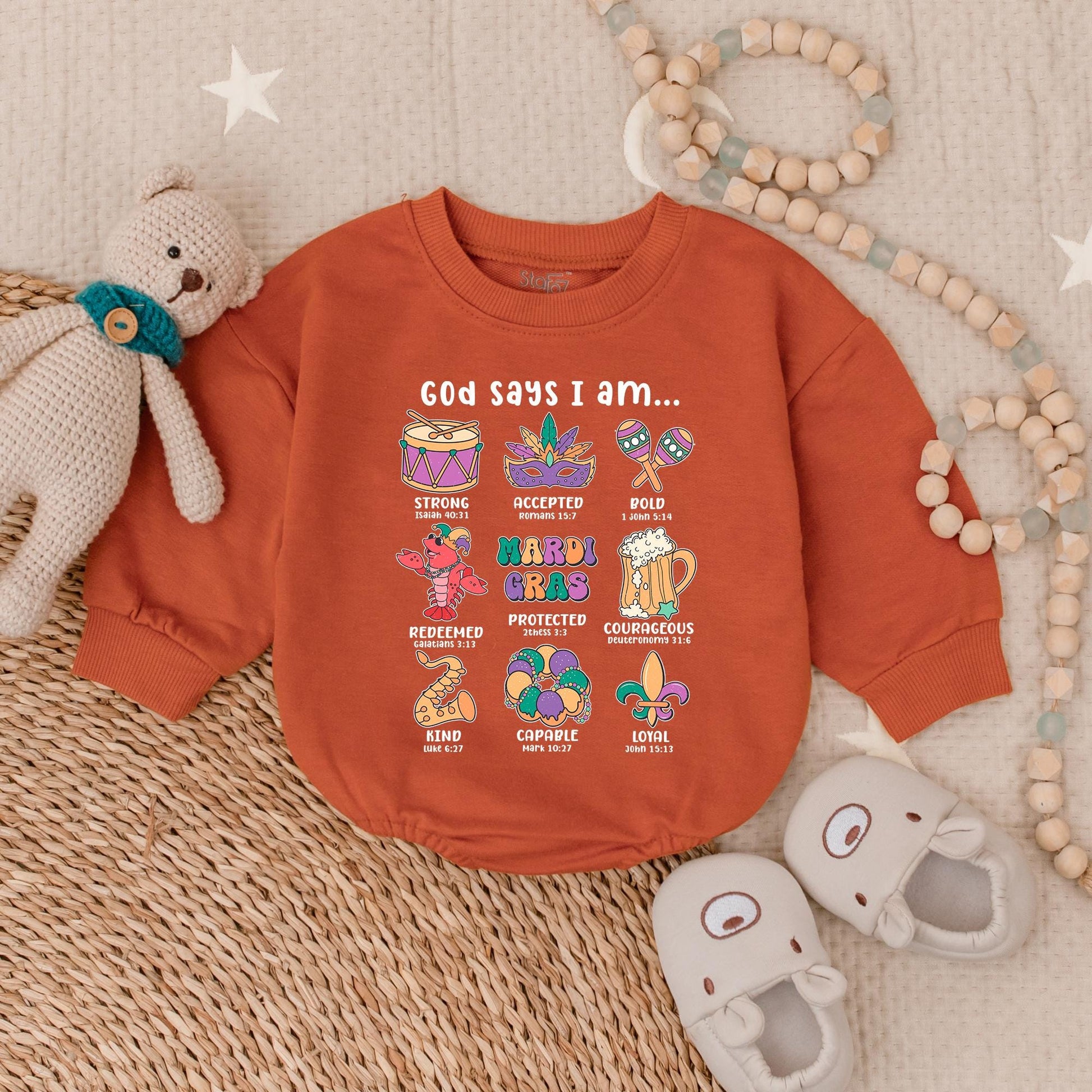 Mardi Gras Crawfish Baby Bubble Romper Outfit for Baby Girl, Newborn Bodysuit, Infant Clothes. Festive Fleur-de-Lis & Bow Design, Holiday Gift